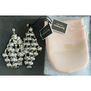 Juicy Couture Matte Silver Tone Cascading Hearts 3.5 Dangle Pierced Earrings NEW